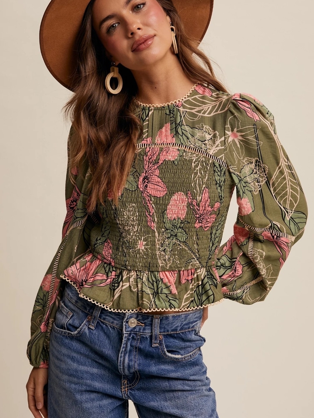 LISETTE Olive Green and Pink Floral Smocked Peplum Blouse